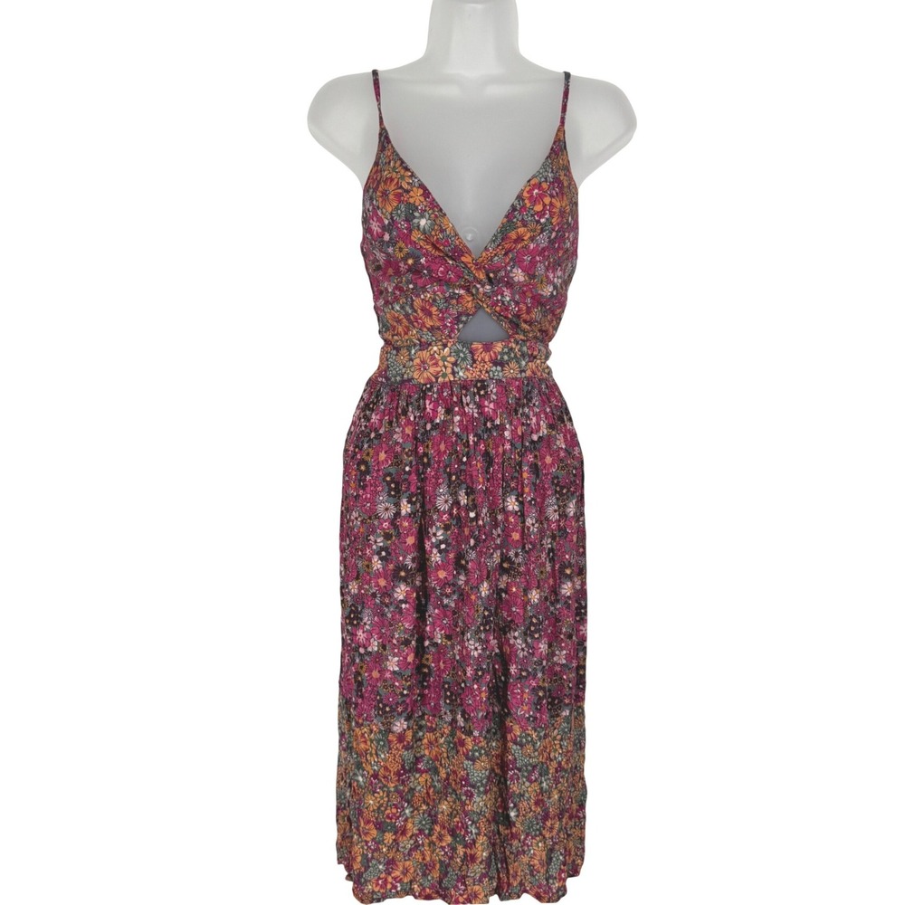 Angie Floral Twist Front Keyhole Midi Dress Pink Smocked Back Size M Boho Y2K